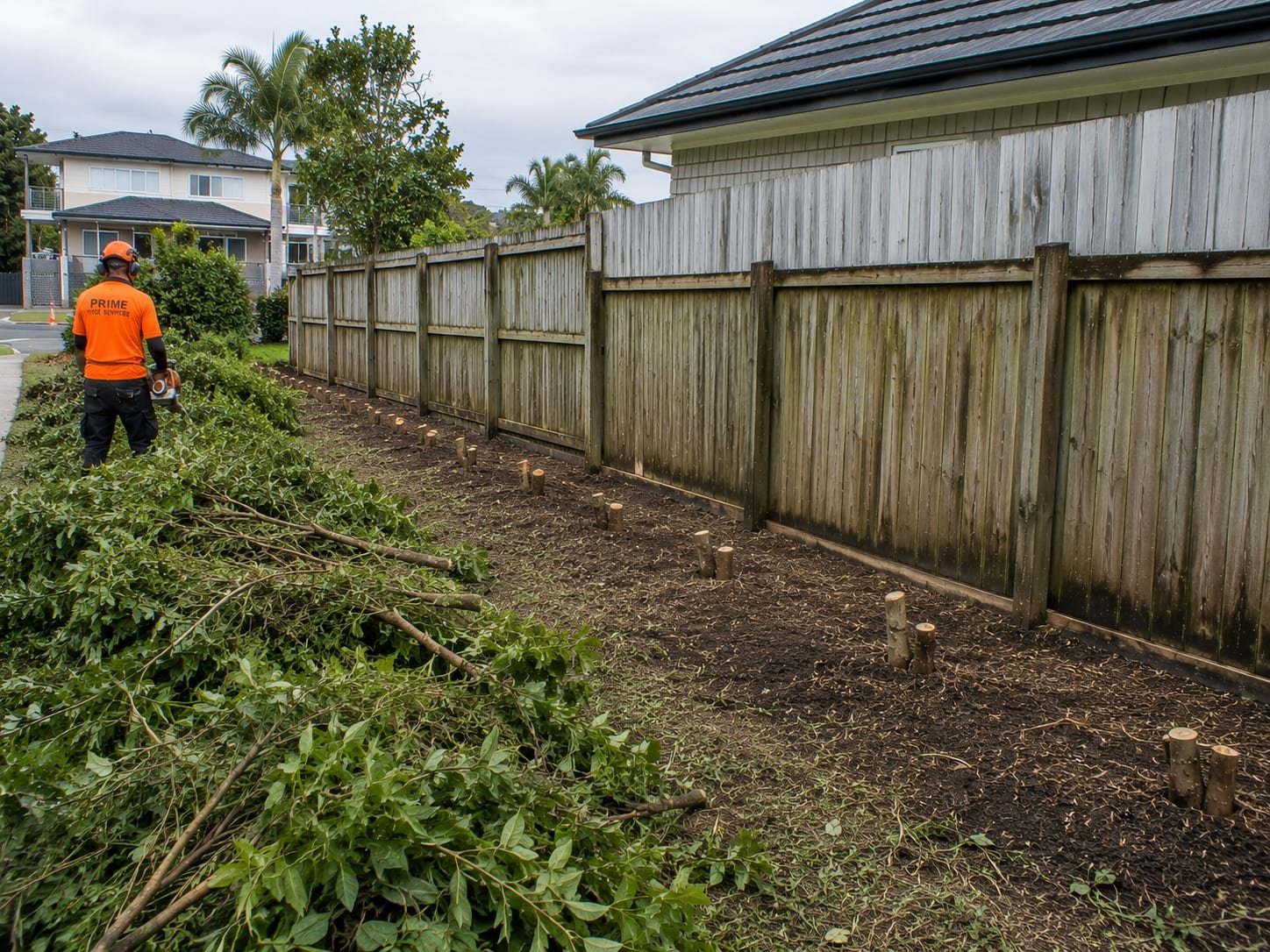 Arborist removing an overgrown boundary hedge beside a fence in Tauranga, with cut stumps and branches cleared
