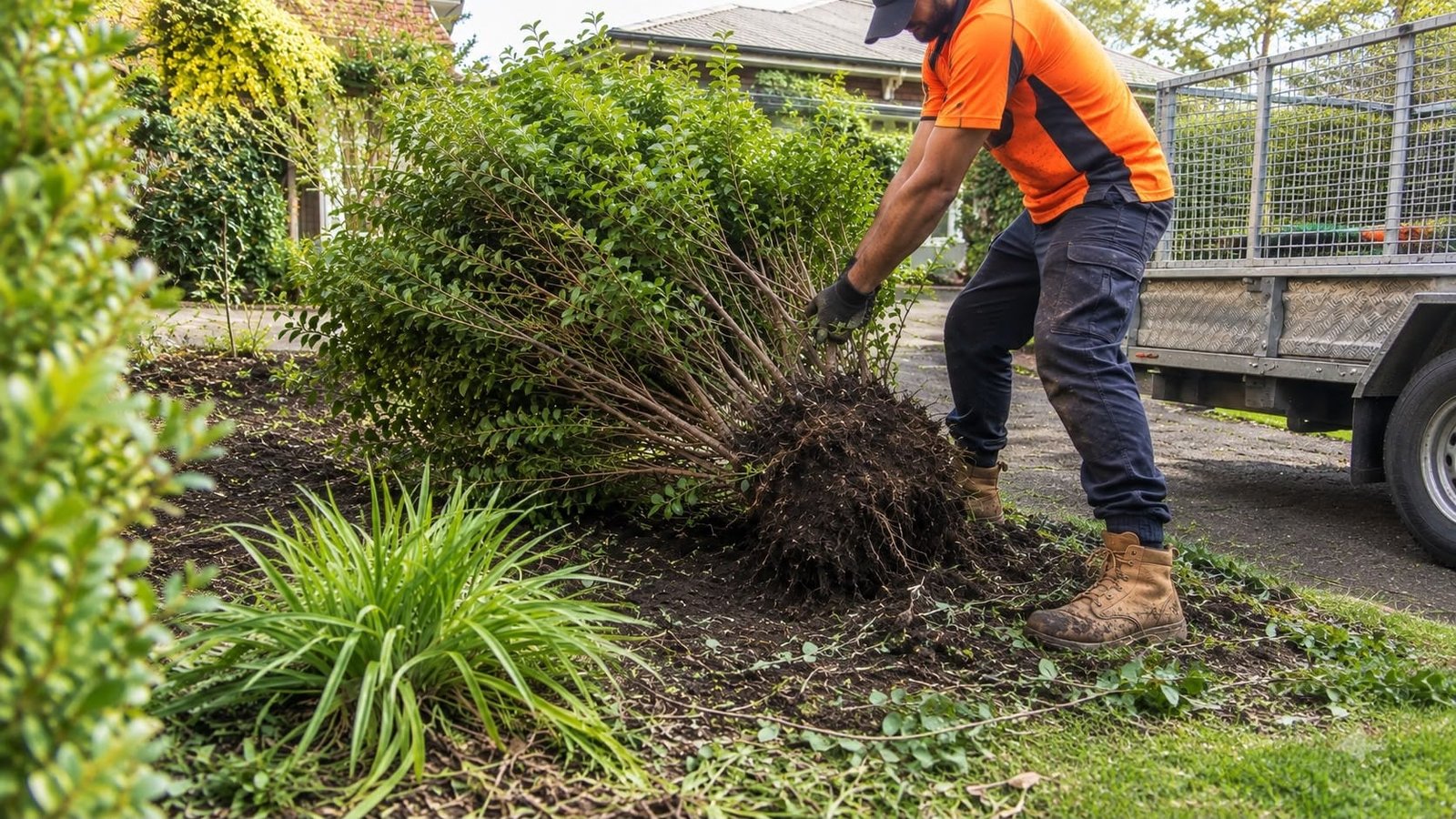 Worker lifting an uprooted shrub with its root ball beside a trailer at a Tauranga property