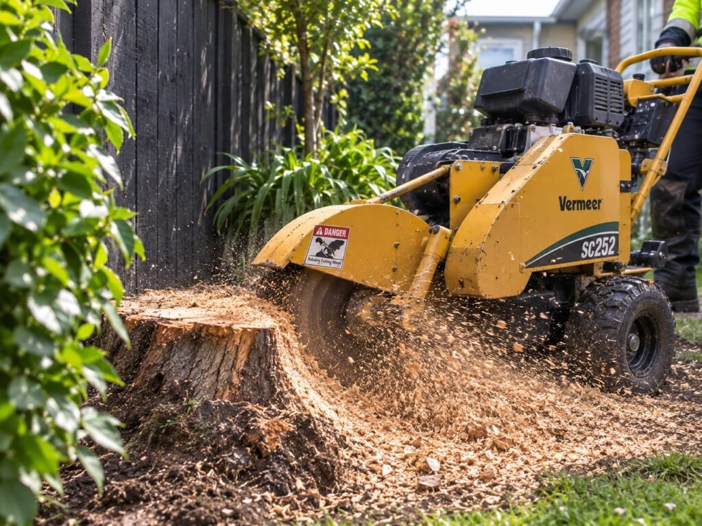 Stump grinder at work in a Tauranga garden